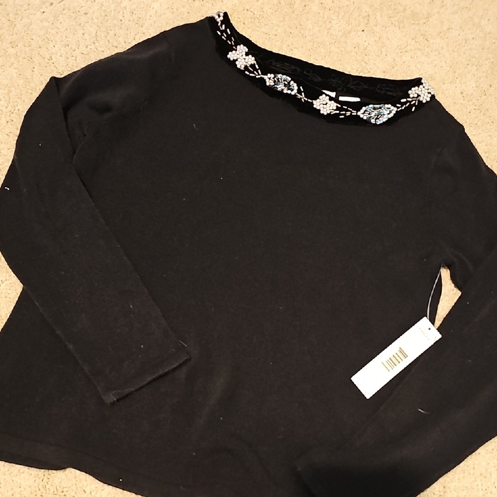 Elegant Black Long Sleeve Top with Embellished Neckline